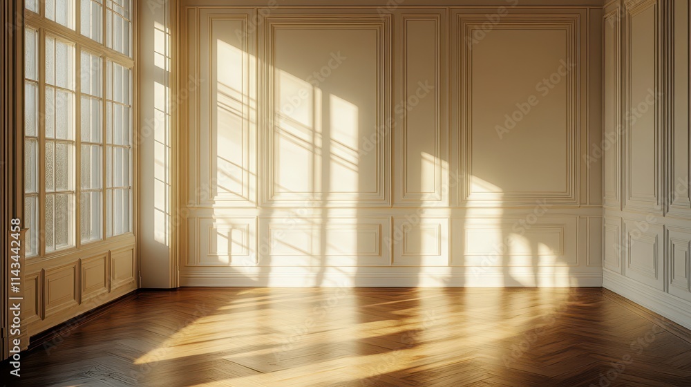 A classic interior showcasing an empty frame, parquet flooring, and detailed molding highlighted by streaming sunlight. A classic interior showcasing an empty frame, parquet flooring, and detailed molding highlighted by streaming sunlight.