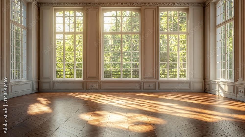 A classic interior showcasing an empty frame, parquet flooring, and detailed molding highlighted by streaming sunlight. A classic interior showcasing an empty frame, parquet flooring, and detailed molding highlighted by streaming sunlight.