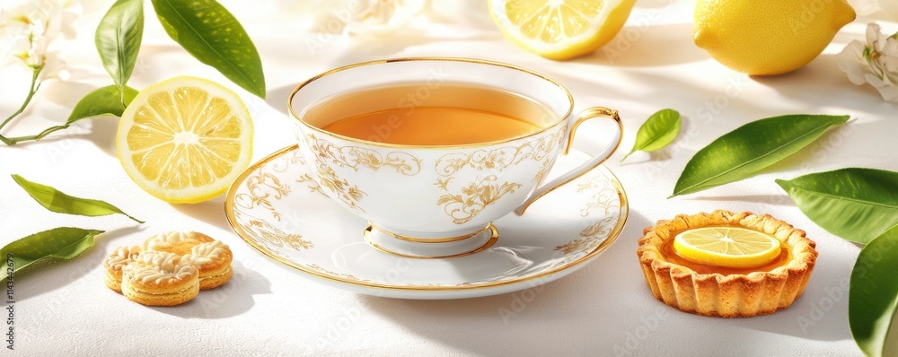 Tea and desserts in Victorian style concept. Delicate tea setup with lemon slices and pastries on a white background Tea and desserts in Victorian style concept. Delicate tea setup with lemon slices and pastries on a white background