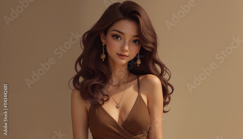 Young woman with wavy brown hair in a brown dress and jewelry, smiling gently.Fashion, beauty marketing, portrait photography, personal branding, social media promotion, elegant style.Confidence. Grac photo