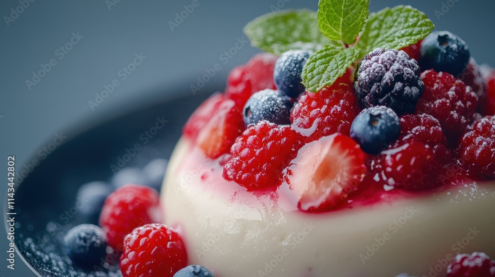 A close-up shot of a sweet dessert topped with fresh berries and mint leaves A close-up shot of a sweet dessert topped with fresh berries and mint leaves