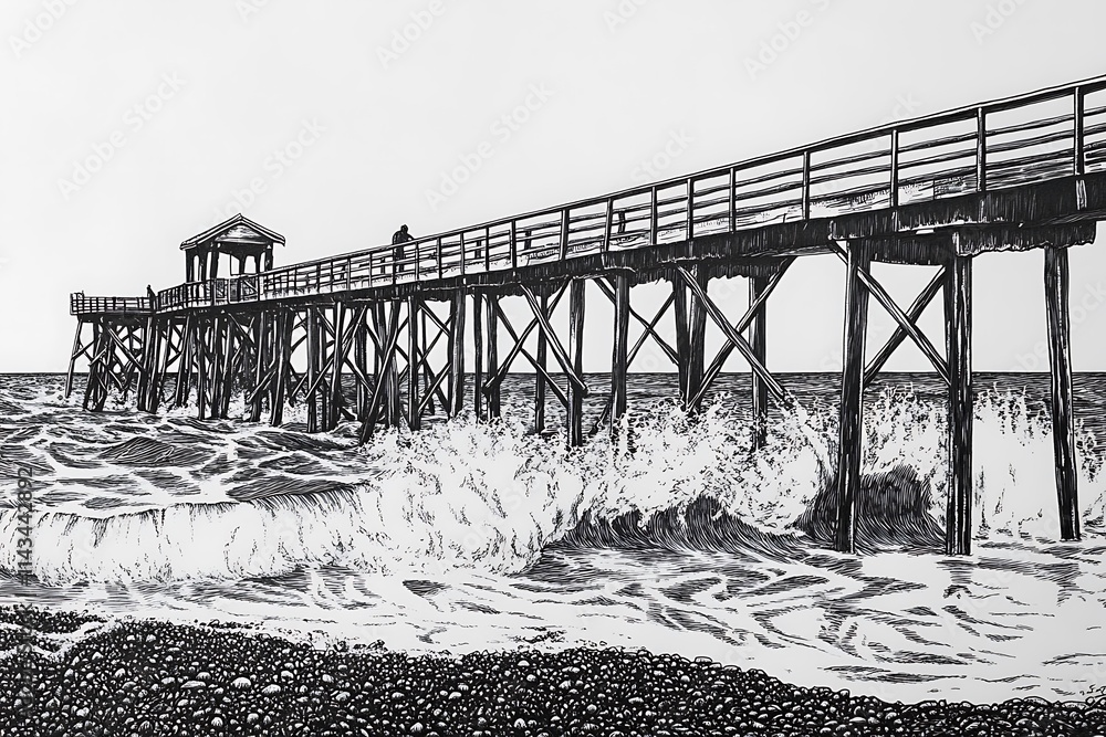 Fototapeta premium Black and White Ink Drawing of a Pier with Crashing Waves on a Rocky Beach.