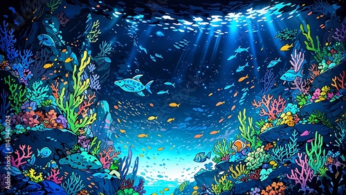 Vibrant underwater scene with colorful corals and diverse fish illuminated by sunlight.