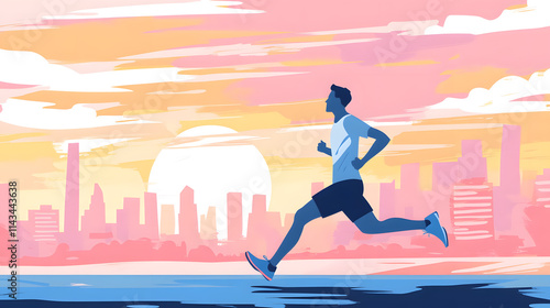 marathon runner sprinting against vibrant sunset backdrop