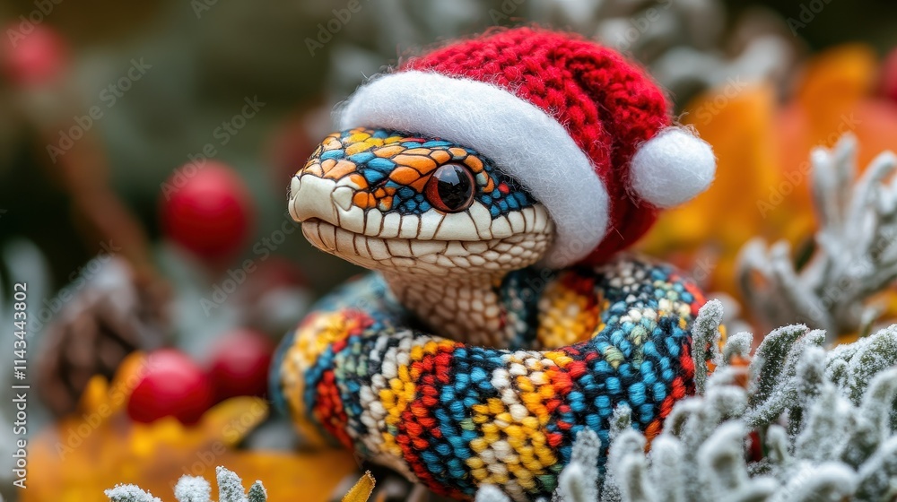 A cute and colorful knitted toy snake wearing a festive Santa hat, perfect for holiday decorations or gifts A cute and colorful knitted toy snake wearing a festive Santa hat, perfect for holiday decorations or gifts