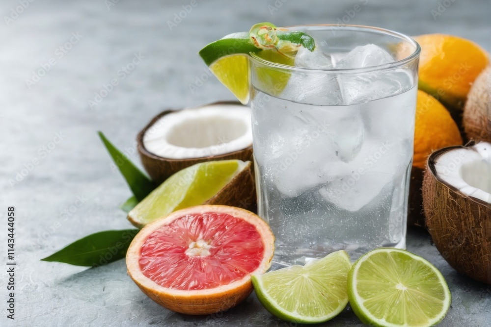 Tropical fruit and lime water on textured surface with coconuts, grapefruit, and blurred kitchen countertop background. Tropical fruit and lime water on textured surface with coconuts, grapefruit, and blurred kitchen countertop background.