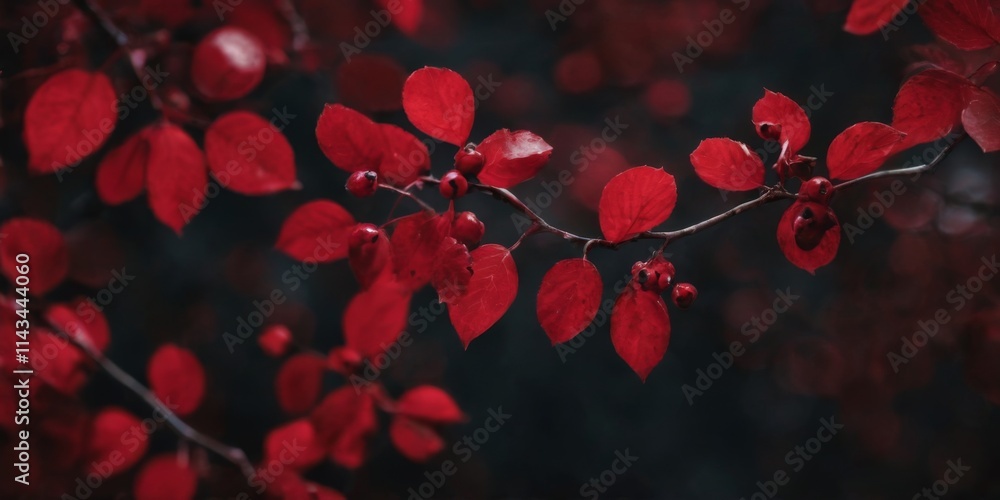 Vibrant red leaves on tree branch with berries, blurred background creating dark and moody atmosphere.