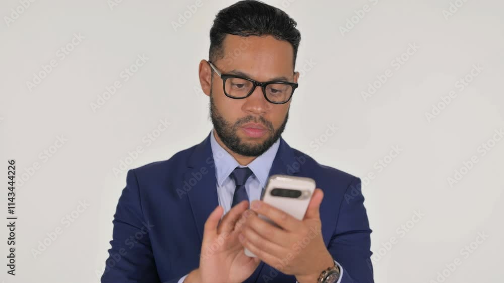 Portrait of Young Hispanic Businessman using Phone on White Background Portrait of Young Hispanic Businessman using Phone on White Background