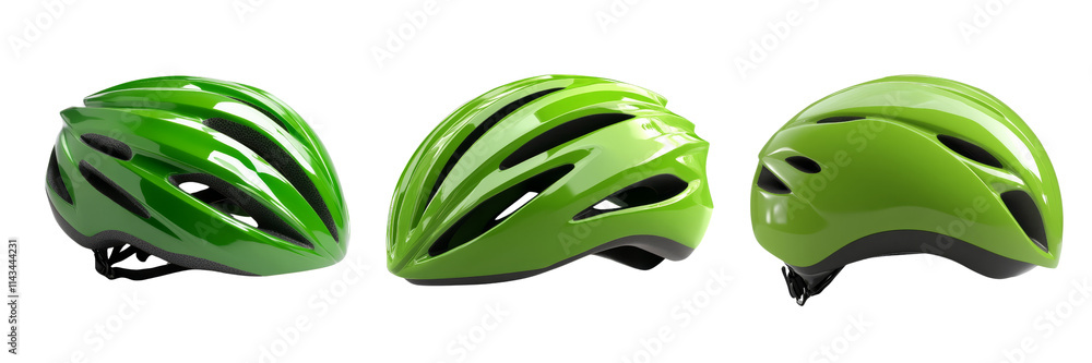 Three sleek green cycling helmets showcasing aerodynamic designs and ventilation features. Three sleek green cycling helmets showcasing aerodynamic designs and ventilation features.