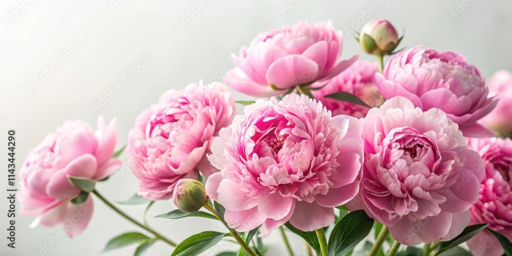 Obraz premium Delicate pink peonies in full bloom against a soft, white background