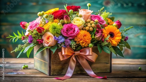 Wallpaper Mural Colorful flowers arranged in a decorative box with lush greenery and ribbons Torontodigital.ca