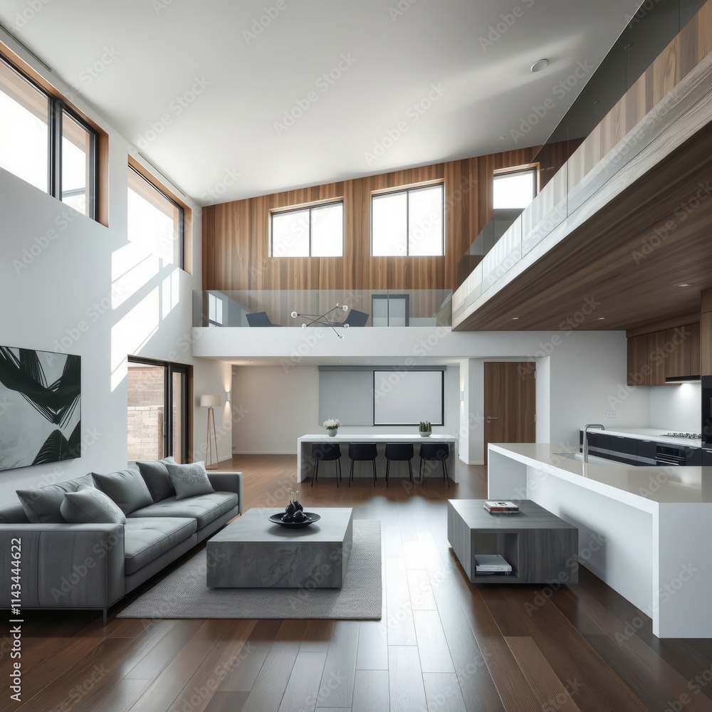 Modern loft interior, open-concept living space, minimalist design, gray sectional sofa, wooden accents, natural light, high ceilings, mezzanine level, contemporary kitchen, white walls, hardwood floo Modern loft interior, open-concept living space, minimalist design, gray sectional sofa, wooden accents, natural light, high ceilings, mezzanine level, contemporary kitchen, white walls, hardwood floo