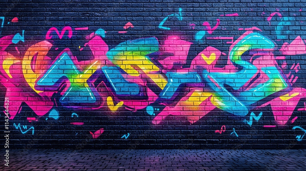 Fototapeta premium Vibrant Urban Graffiti Art on Brick Wall with Neon Colors and Abstract Patterns in City Street