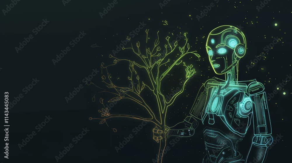 A humanoid robot holding a glowing tree branch, symbolizing a blend of technology and nature. The glowing neon lights create a futuristic and peaceful mood. AI generated. A humanoid robot holding a glowing tree branch, symbolizing a blend of technology and nature. The glowing neon lights create a futuristic and peaceful mood. AI generated.