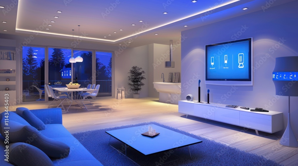 Modern smart home illuminated by LED Lights, AI generated image Modern smart home illuminated by LED Lights, AI generated image