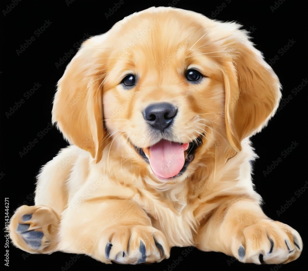 Golden Retriever Puppy Lying Down in a Happy and Relaxed Pose on Black Background Digital Illustration Golden Retriever Puppy Lying Down in a Happy and Relaxed Pose on Black Background Digital Illustration