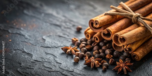 Close-up of aromatic spices like cinnamon sticks and cloves sitting on a minimalist graphite surface with subtle shadows and textures , herbs, aromatics photo