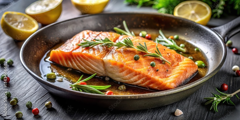 Fresh salmon fillet sizzling in a hot pan, pan fried salmon Fresh salmon fillet sizzling in a hot pan, pan fried salmon