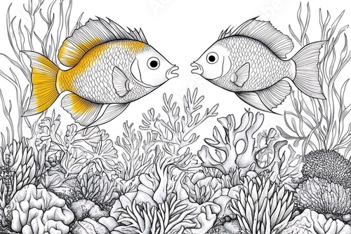 Two stylized fish facing each other amidst detailed coral reef illustration. photo