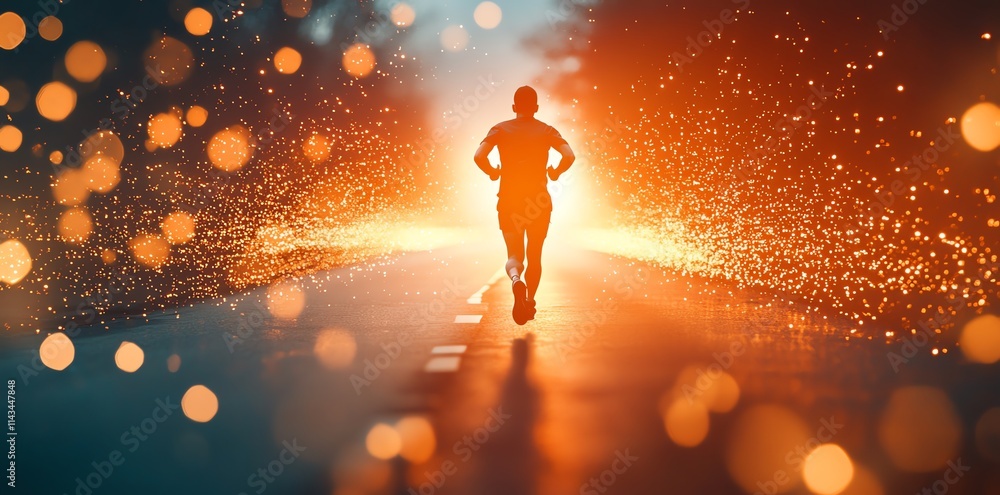 A silhouette of a runner on a road illuminated by a vibrant, fiery background. A silhouette of a runner on a road illuminated by a vibrant, fiery background.