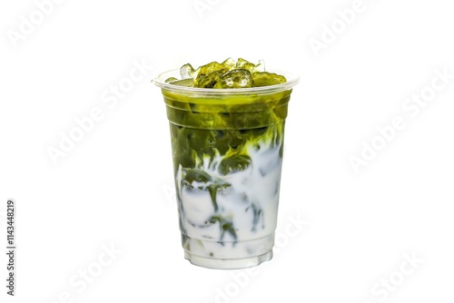 Pictures of Ice milk green tea put on white background and isolate photo style.