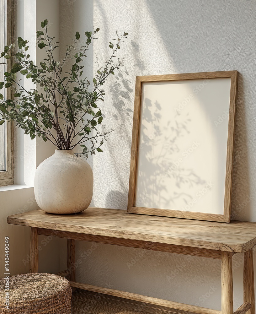 Minimalist Wooden Table with Blank Frame and Stylish Vase in Scandinavian Living Room Interior Design Minimalist Wooden Table with Blank Frame and Stylish Vase in Scandinavian Living Room Interior Design