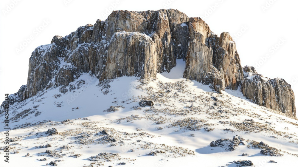 Snow-capped rocky mountain peak isolated on white.