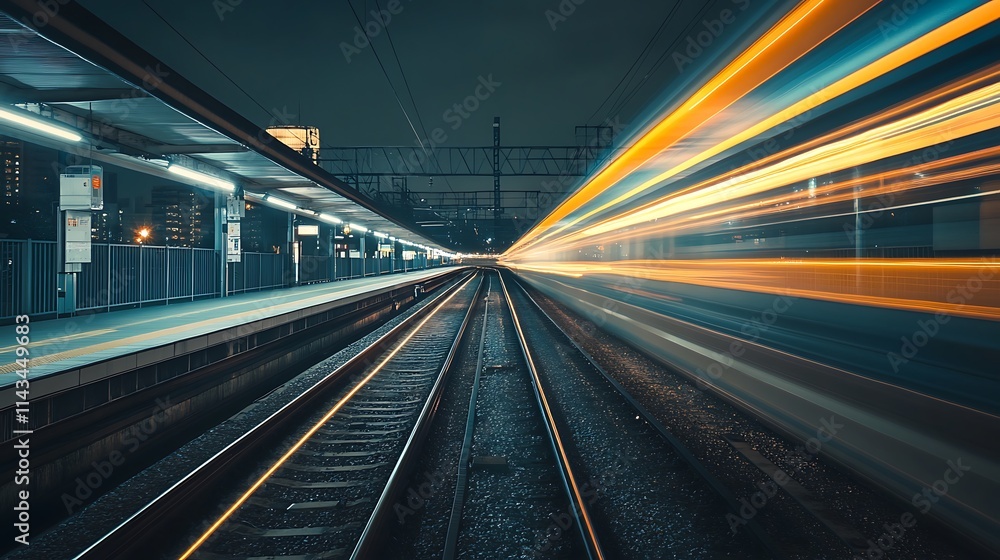 Night Train Station, Motion Blur, Urban Transportation Night Train Station, Motion Blur, Urban Transportation