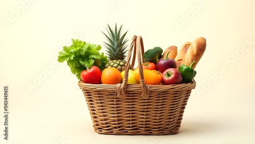 A shopping basket filled with colorful grocery items set against a clean backdrop