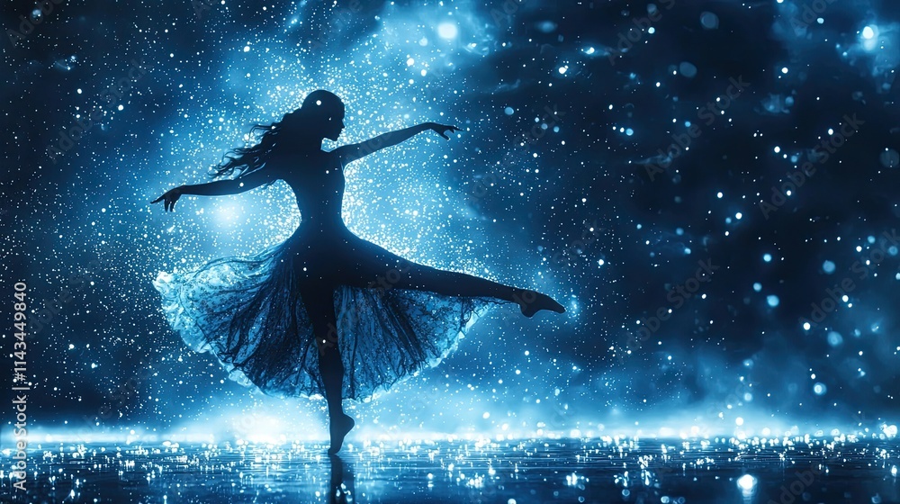 A starry night sky merges seamlessly with a dancer s graceful silhouette, celebrating movement and harmony, enveloped in deep blues and shimmering whites. A starry night sky merges seamlessly with a dancer s graceful silhouette, celebrating movement and harmony, enveloped in deep blues and shimmering whites.