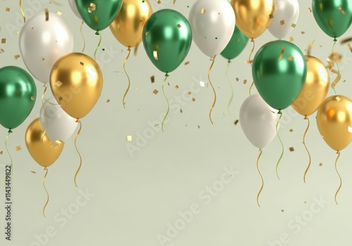 Elegant Green, Gold, and White Balloons with Confetti