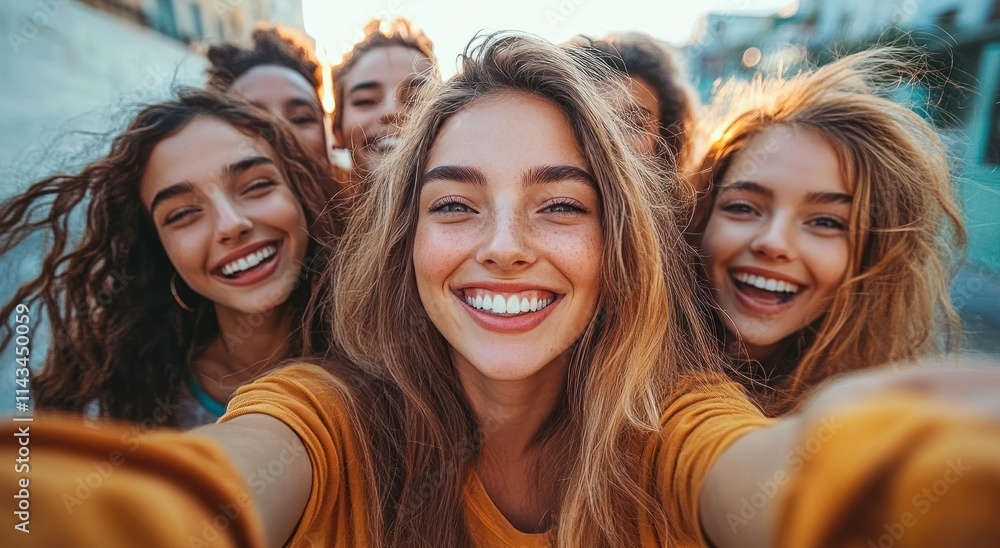 Vibrant group selfie in urban setting with friends enjoying golden hour glow and warm colors Vibrant group selfie in urban setting with friends enjoying golden hour glow and warm colors