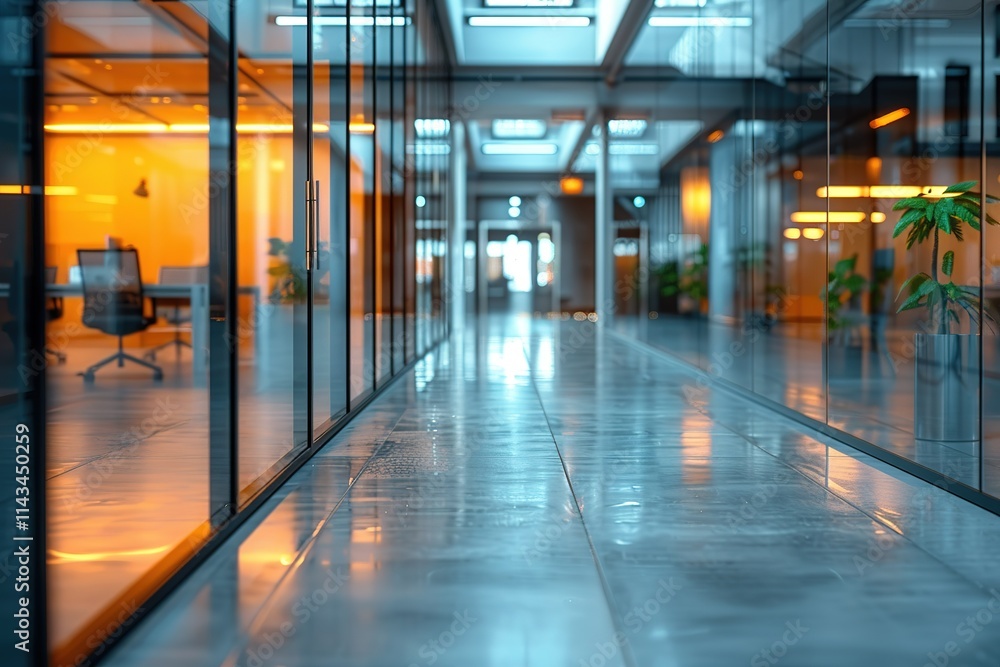 Long hallway with a lot of glass windows and a few potted plants Long hallway with a lot of glass windows and a few potted plants