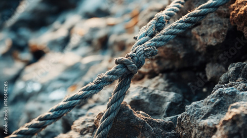  close up of strong rope tied on rocky surface symbol of strength stability and connection in nature


