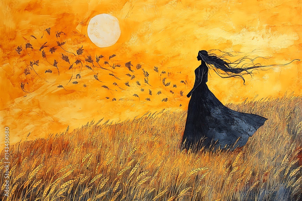 Woman in Black Dress Walking Through Golden Wheat Field Under a Full Moon. Woman in Black Dress Walking Through Golden Wheat Field Under a Full Moon.