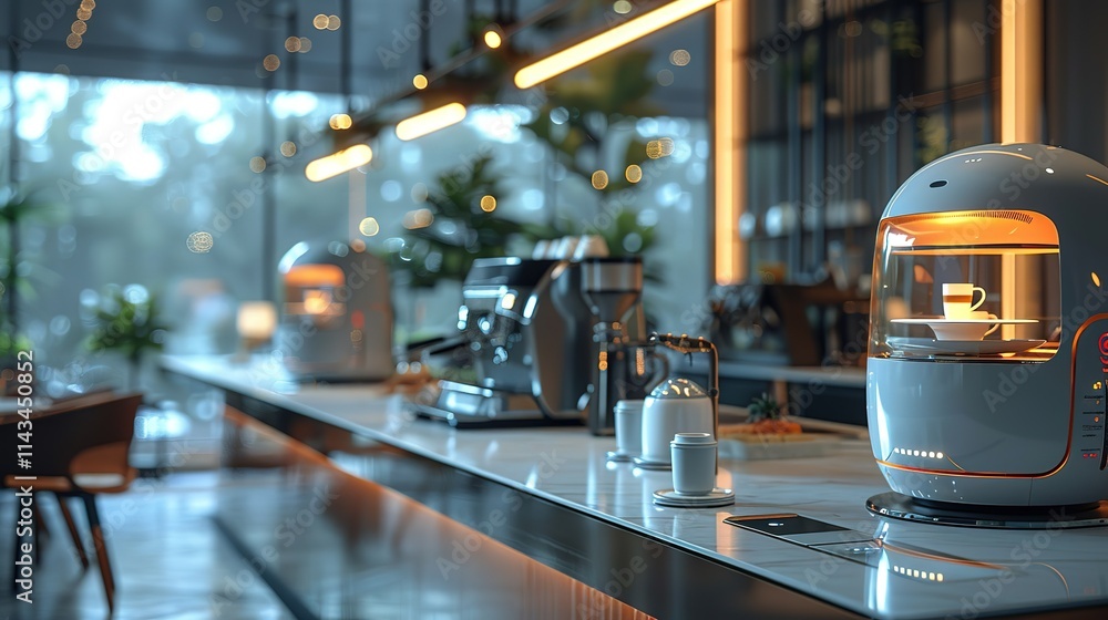 Modern cafe with a white counter and a white coffee maker Modern cafe with a white counter and a white coffee maker