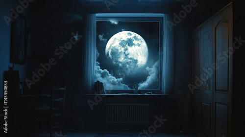 bright full moon shining through window in dark room with clouds creating calm and mysterious night atmosphere
