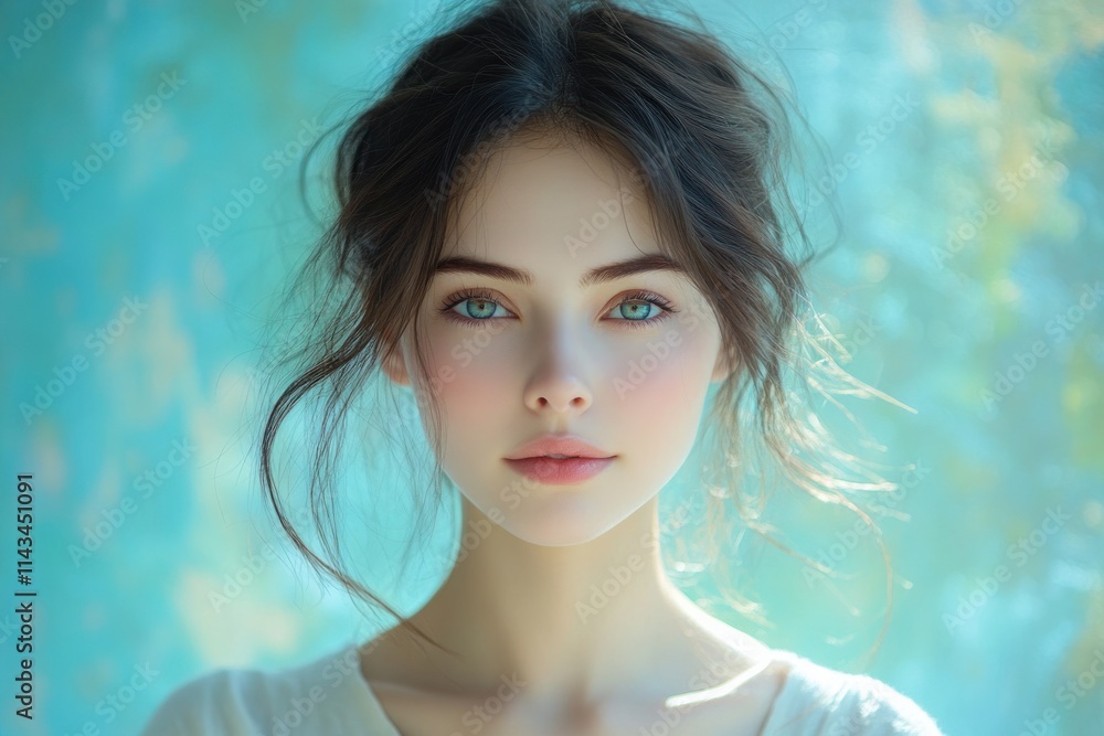 Skincare Woman with Blue Background in Japanese Minimalism Skincare Woman with Blue Background in Japanese Minimalism