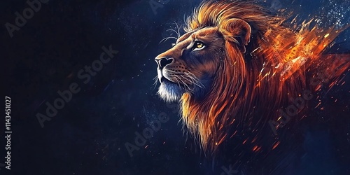 Portrait of a lion on a black background with copy space. Digital painting. photo