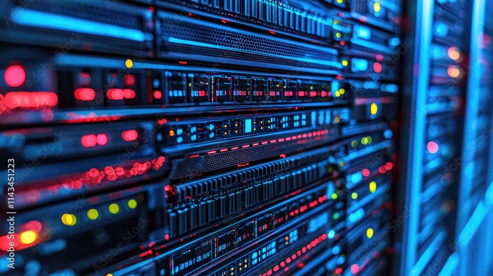 An aerial view of a data center with rows of servers and a focus on cybersecurity measures, depicted in sleek metallic tones with dynamic lighting effects. An aerial view of a data center with rows of servers and a focus on cybersecurity measures, depicted in sleek metallic tones with dynamic lighting effects.