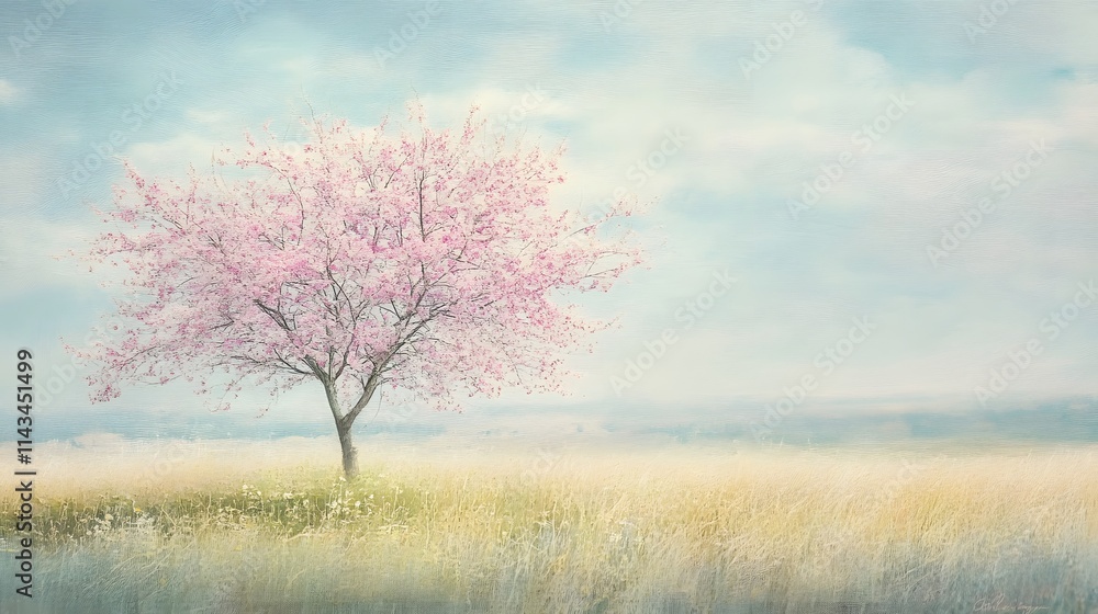 Solitary Pink Blossomed Tree In Spring Field Solitary Pink Blossomed Tree In Spring Field