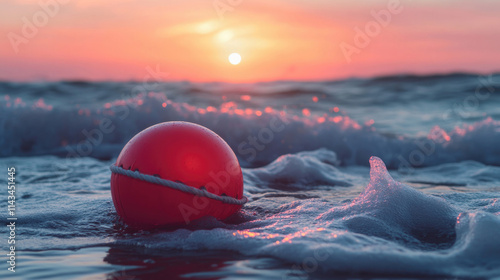 red buoy washed up on the shore at a dramatic sunset with foamy waves

