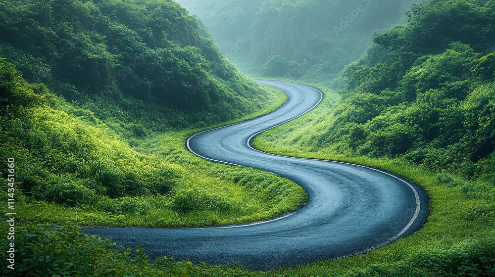 Winding Road Through Lush Green Mountain Valley Winding Road Through Lush Green Mountain Valley