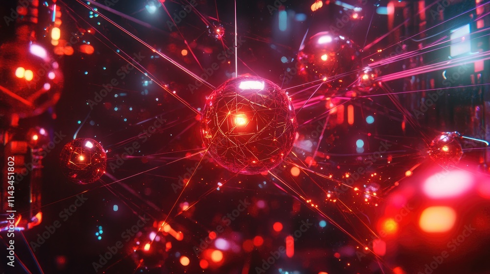 Obraz premium A detailed depiction of entangled particles represented by glowing orbs connected by vibrant beams of light in a futuristic setting.