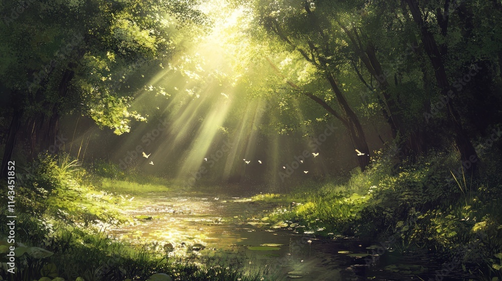 Obraz premium Sunbeams Through the Forest Canopy