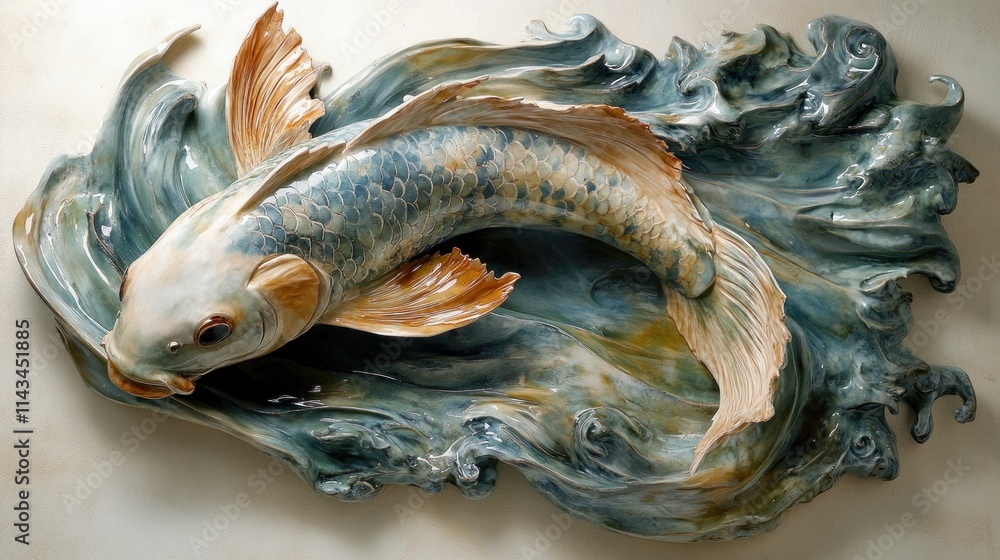 Ceramic Sculpture of a Koi Fish Leaping Through Waves Ceramic Sculpture of a Koi Fish Leaping Through Waves
