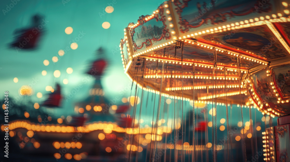 Fototapeta premium bright glowing carousel swing ride at night with lights and blurred motion in amusement park festival 