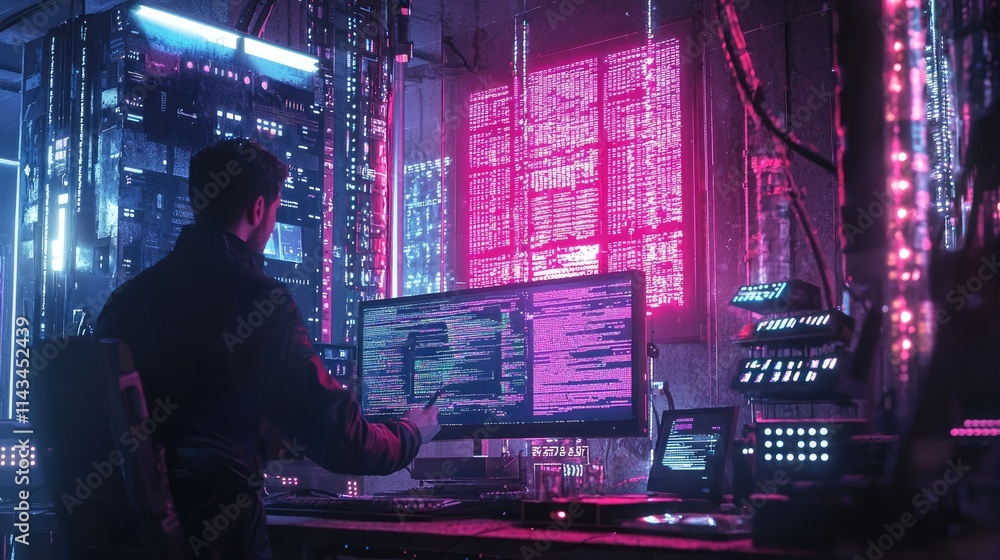 A detailed scene of malware analysis in a high-tech lab, showcasing a researcher examining a computer screen filled with code, surrounded by security tools and bright LED A detailed scene of malware analysis in a high-tech lab, showcasing a researcher examining a computer screen filled with code, surrounded by security tools and bright LED