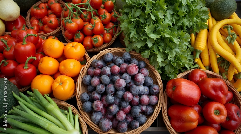 An overhead shot of colorful fresh vegetables in a farmer's market setting. An overhead shot of colorful fresh vegetables in a farmer's market setting.