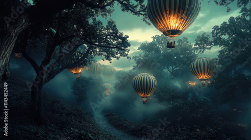 glowing hot air balloons floating in a mystical forest at night with fog and magical atmosphere  
